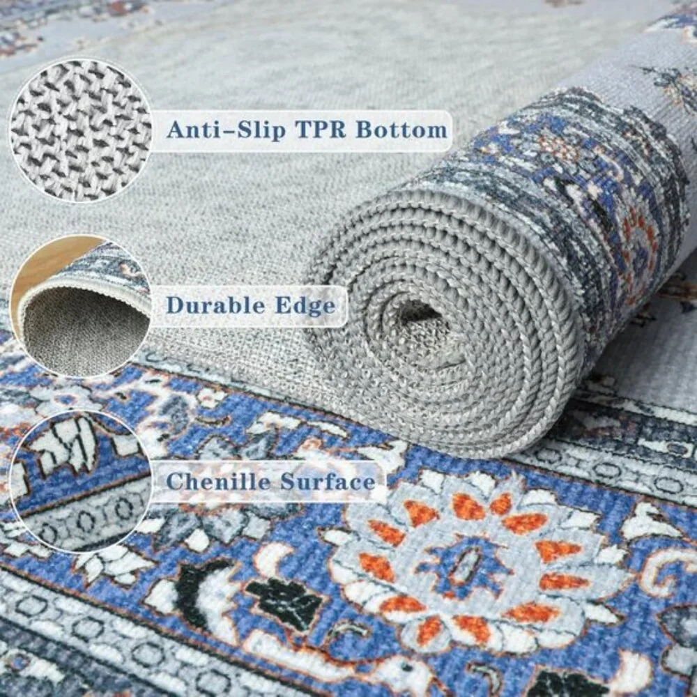 New 6x9 Grey Blue Area Rug, Washable Vintage Low Pile Non-Slip Carpet for Home